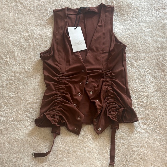 Zara Chocolate Sleeveless Ruched Blouse - Picture 3 of 5